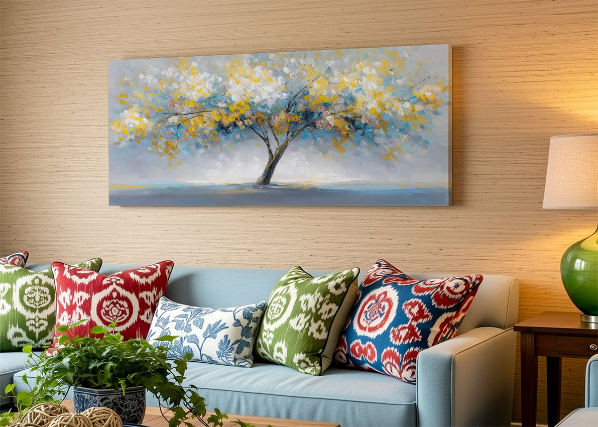 Golden Abstract Tree Canvas Wall Art – Modern Nature Landscape Painting – Single & 3 Panel Canvas – AI PRINT LAB