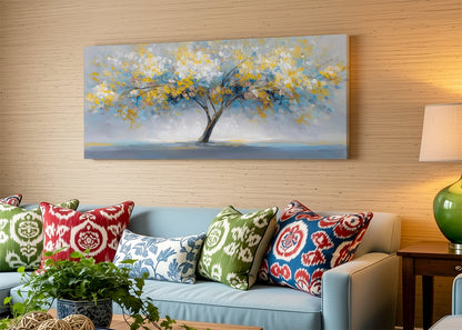 Golden Abstract Tree Canvas Wall Art – Modern Nature Landscape Painting – Single & 3 Panel Canvas – AI PRINT LAB