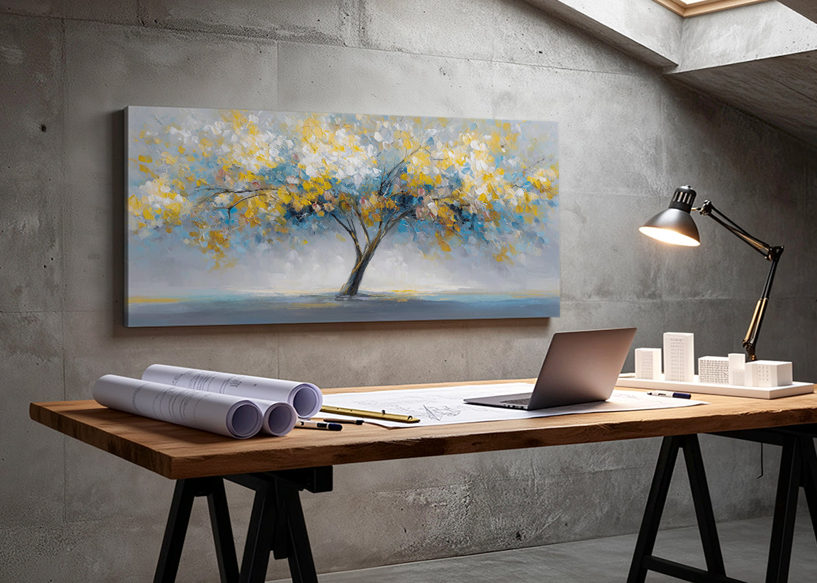 Golden Abstract Tree Canvas Wall Art – Modern Nature Landscape Painting – Single & 3 Panel Canvas – AI PRINT LAB