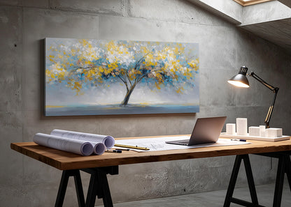 Golden Abstract Tree Canvas Wall Art – Modern Nature Landscape Painting – Single & 3 Panel Canvas – AI PRINT LAB