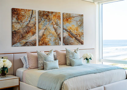Golden Autumn Birch Trees Canvas Wall Art – Warm Fall Forest Single & 3 Panel Canvas