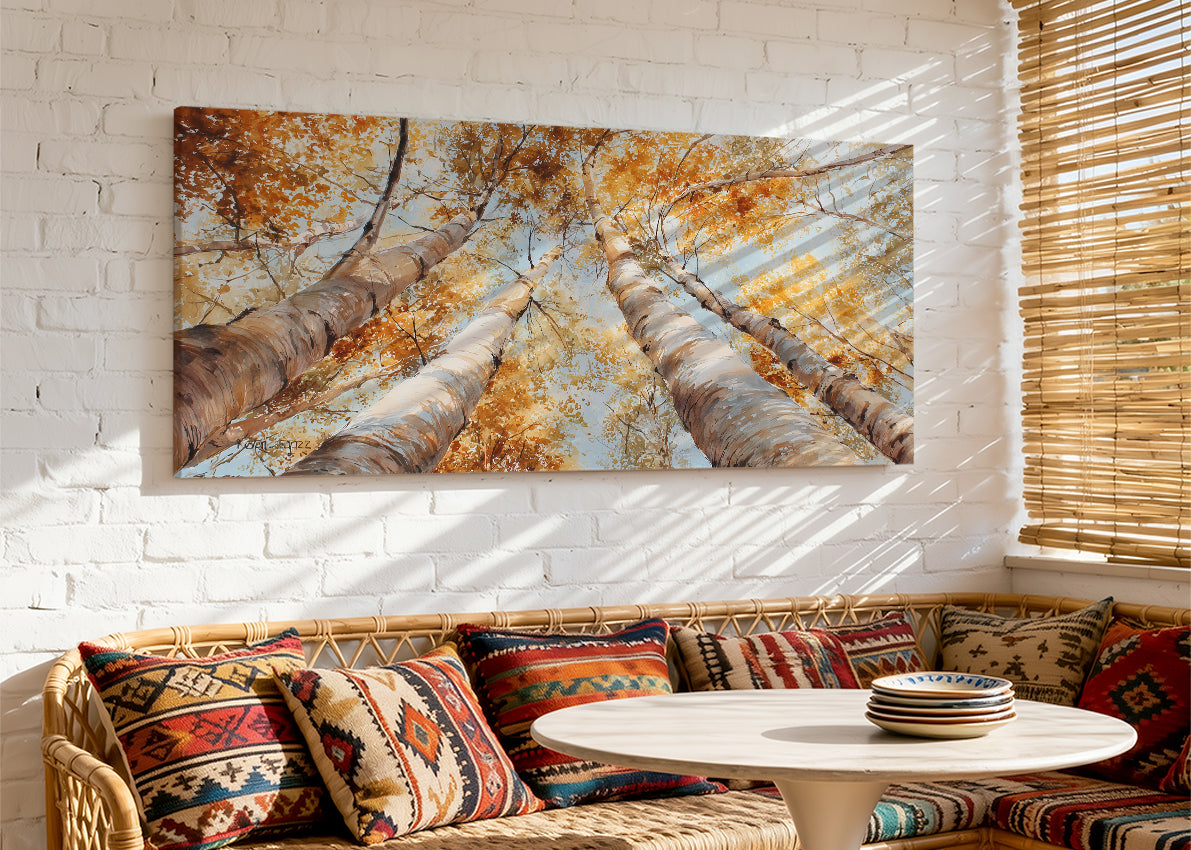 Golden Autumn Birch Trees Canvas Wall Art – Warm Fall Forest Single & 3 Panel Canvas
