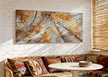Golden Autumn Birch Trees Canvas Wall Art – Warm Fall Forest Single & 3 Panel Canvas