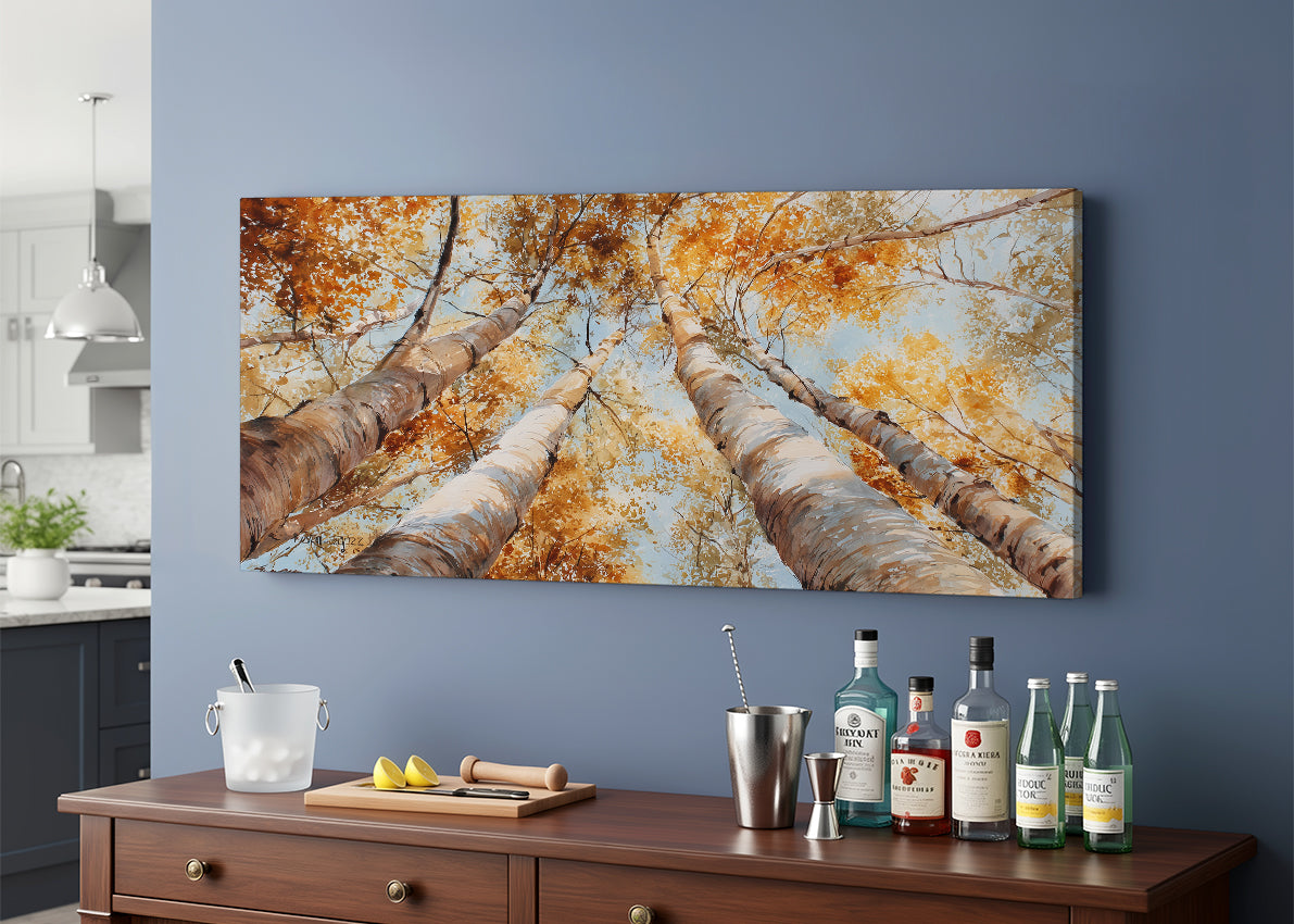 Golden Autumn Birch Trees Canvas Wall Art – Warm Fall Forest Single & 3 Panel Canvas