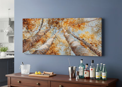 Golden Autumn Birch Trees Canvas Wall Art – Warm Fall Forest Single & 3 Panel Canvas