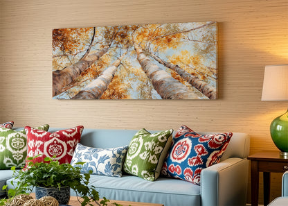 Golden Autumn Birch Trees Canvas Wall Art – Warm Fall Forest Single & 3 Panel Canvas