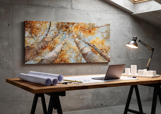 Golden Autumn Birch Trees Canvas Wall Art – Warm Fall Forest Single & 3 Panel Canvas