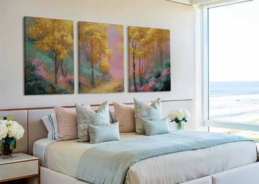 Golden Autumn Forest Path Canvas Wall Art – Colorful Landscape Painting – Single & 3 Panel Canvas – AI PRINT LAB