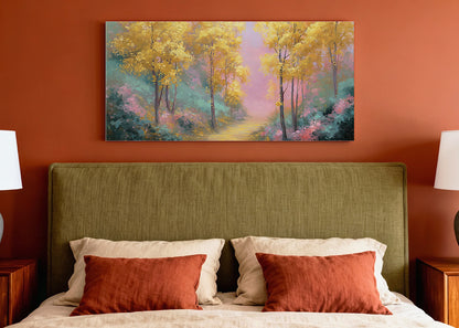 Golden Autumn Forest Path Canvas Wall Art – Colorful Landscape Painting – Single & 3 Panel Canvas – AI PRINT LAB