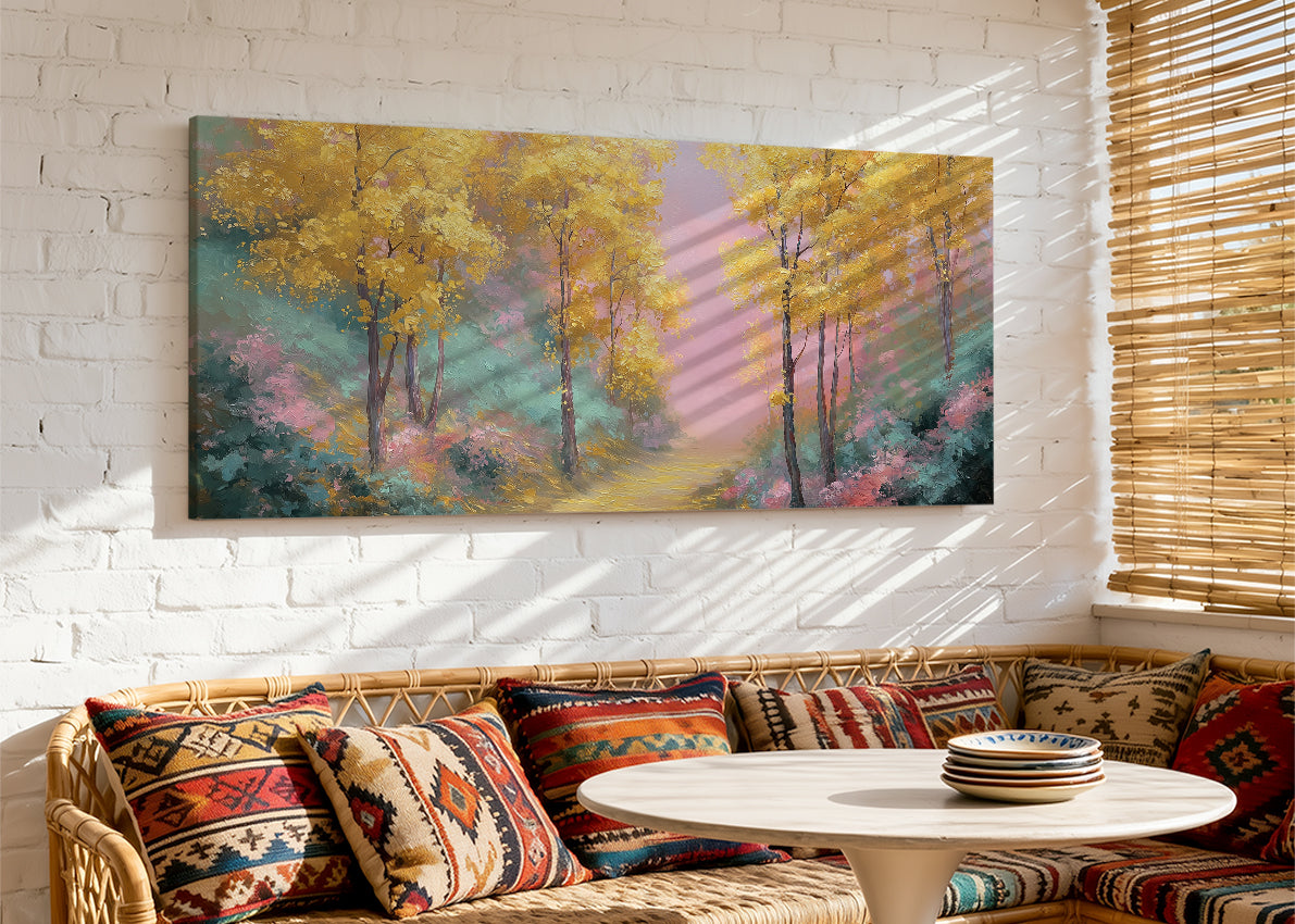 Golden Autumn Forest Path Canvas Wall Art – Colorful Landscape Painting – Single & 3 Panel Canvas – AI PRINT LAB