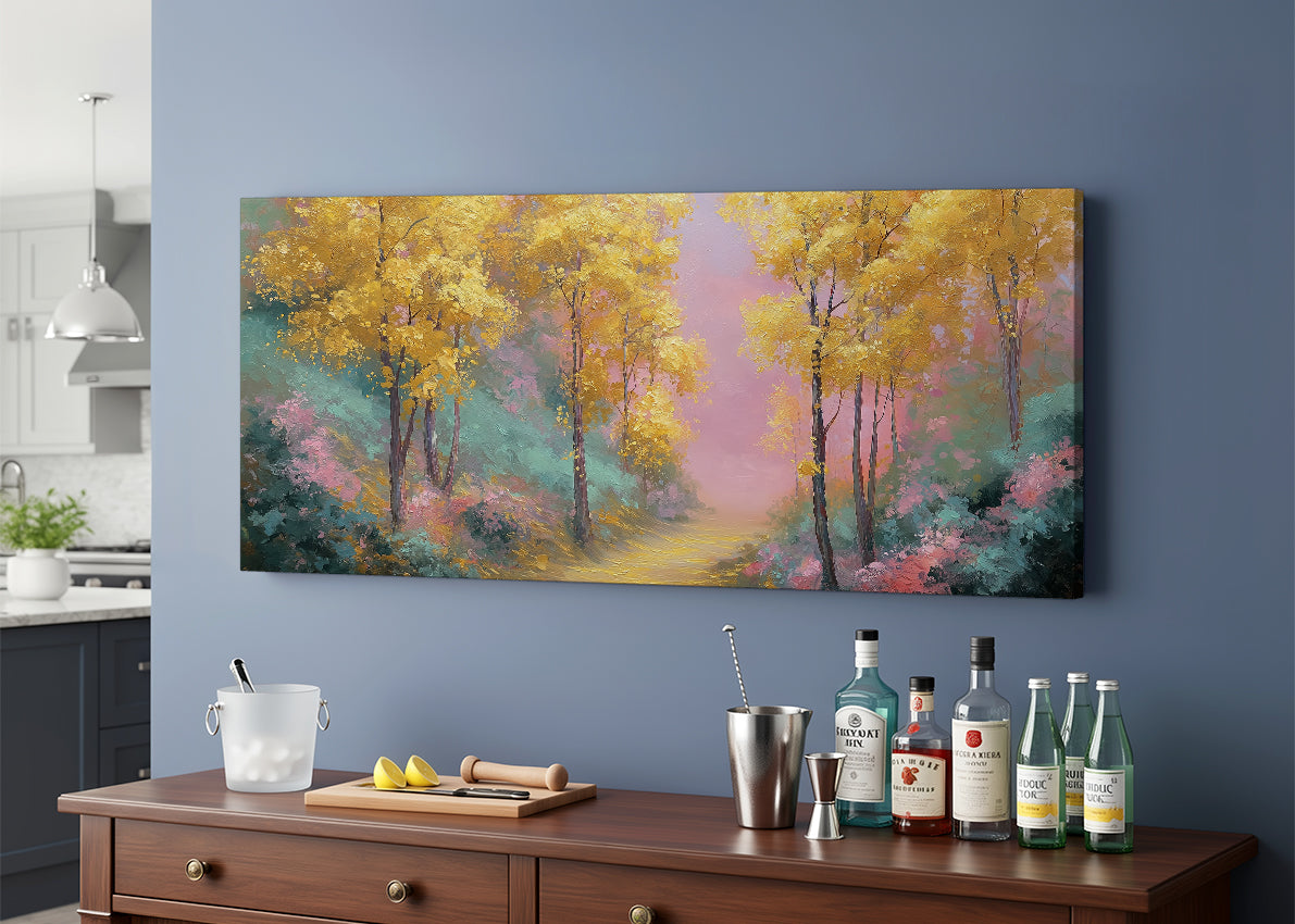 Golden Autumn Forest Path Canvas Wall Art – Colorful Landscape Painting – Single & 3 Panel Canvas – AI PRINT LAB