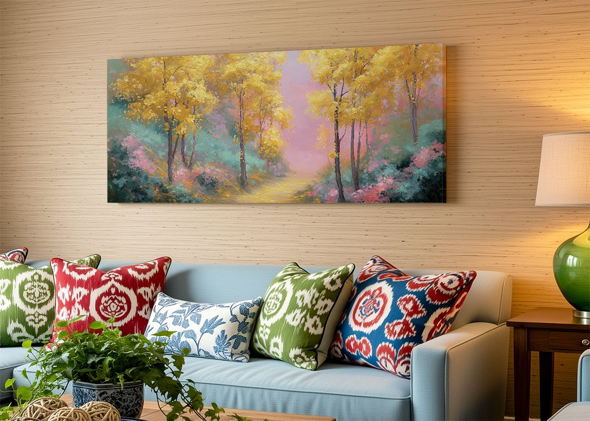 Golden Autumn Forest Path Canvas Wall Art – Colorful Landscape Painting – Single & 3 Panel Canvas – AI PRINT LAB