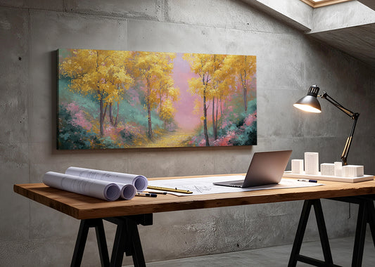 Golden Autumn Forest Path Canvas Wall Art – Colorful Landscape Painting – Single & 3 Panel Canvas – AI PRINT LAB