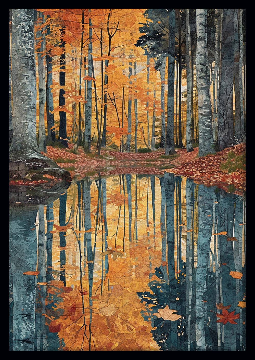 Golden Autumn Forest Reflection – Tranquil Woodland Canvas & Poster Art Print – T1188 – AiPrintLab