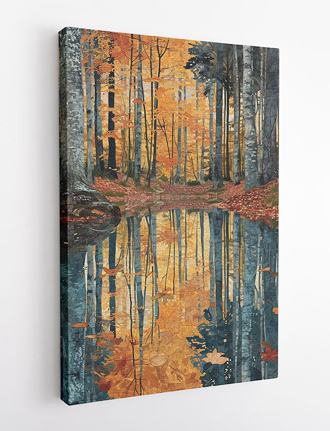 Golden Autumn Forest Reflection – Tranquil Woodland Canvas & Poster Art Print – T1188 – AiPrintLab