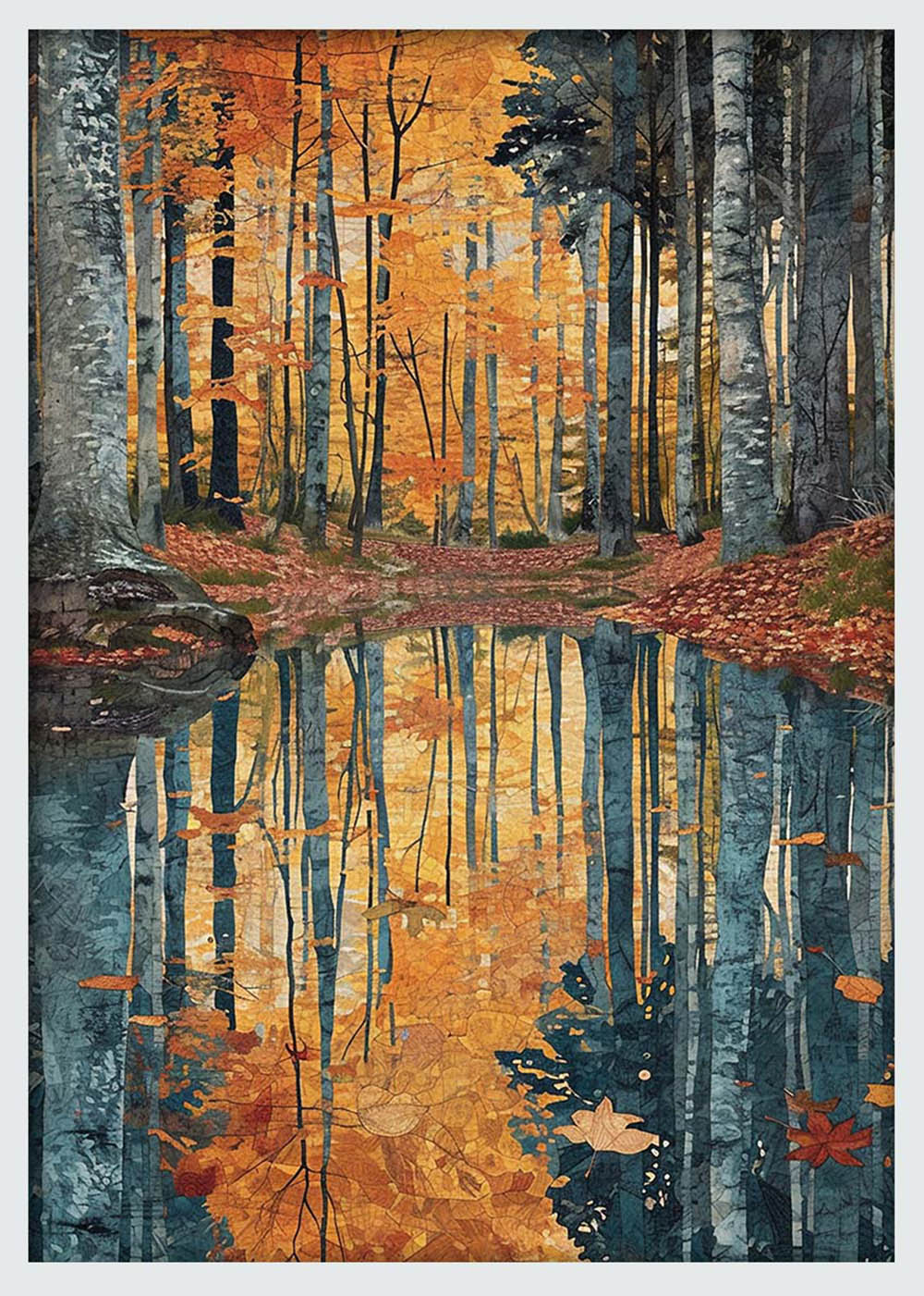 Golden Autumn Forest Reflection – Tranquil Woodland Canvas & Poster Art Print – T1188 – AiPrintLab