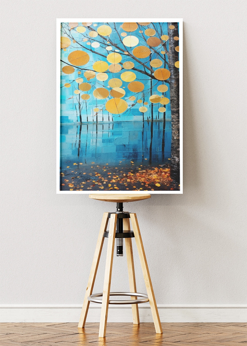 Golden Autumn Leaves Over Blue Lake Canvas & Poster Print – AI PRINT LAB