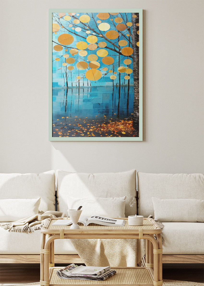 Golden Autumn Leaves Over Blue Lake Canvas & Poster Print – AI PRINT LAB