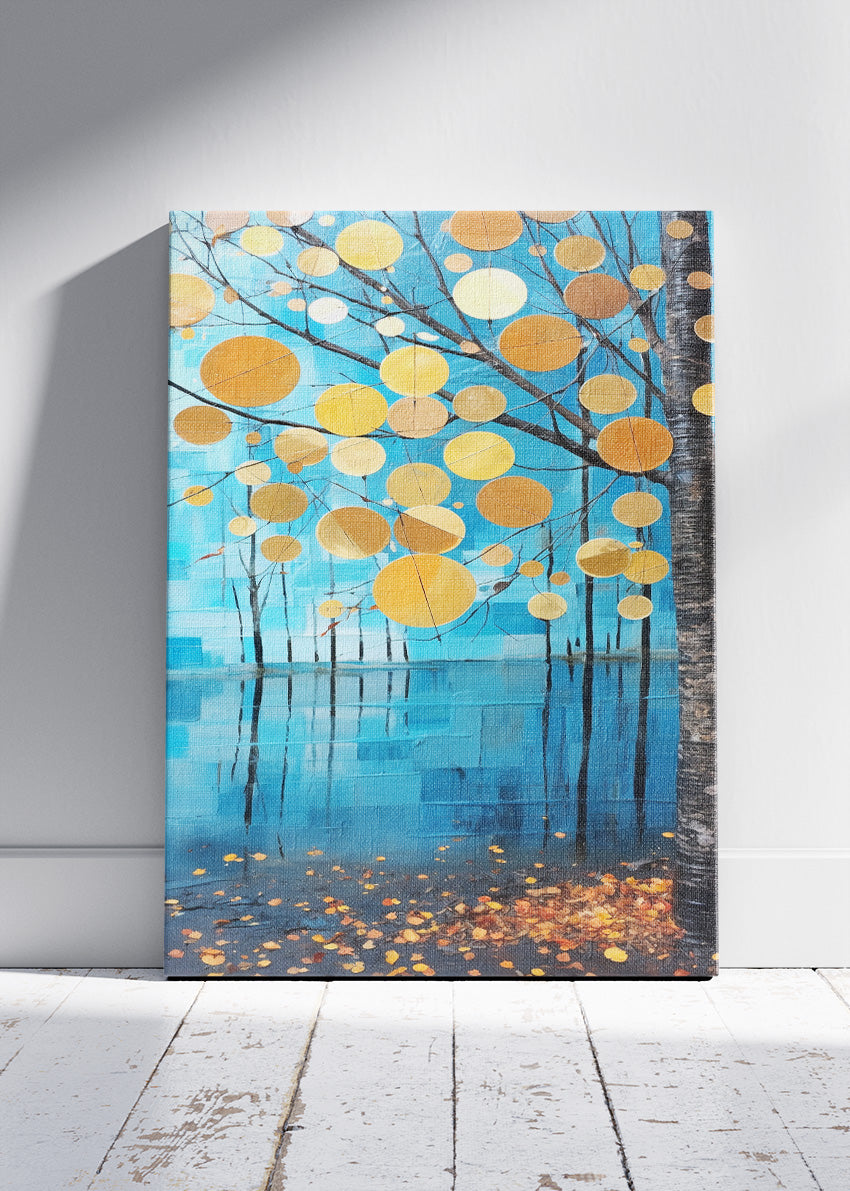 Golden Autumn Leaves Over Blue Lake Canvas & Poster Print – AI PRINT LAB