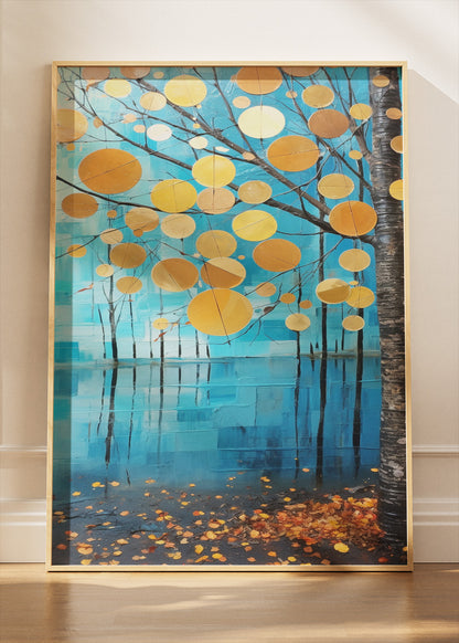 Golden Autumn Leaves Over Blue Lake Canvas & Poster Print – AI PRINT LAB