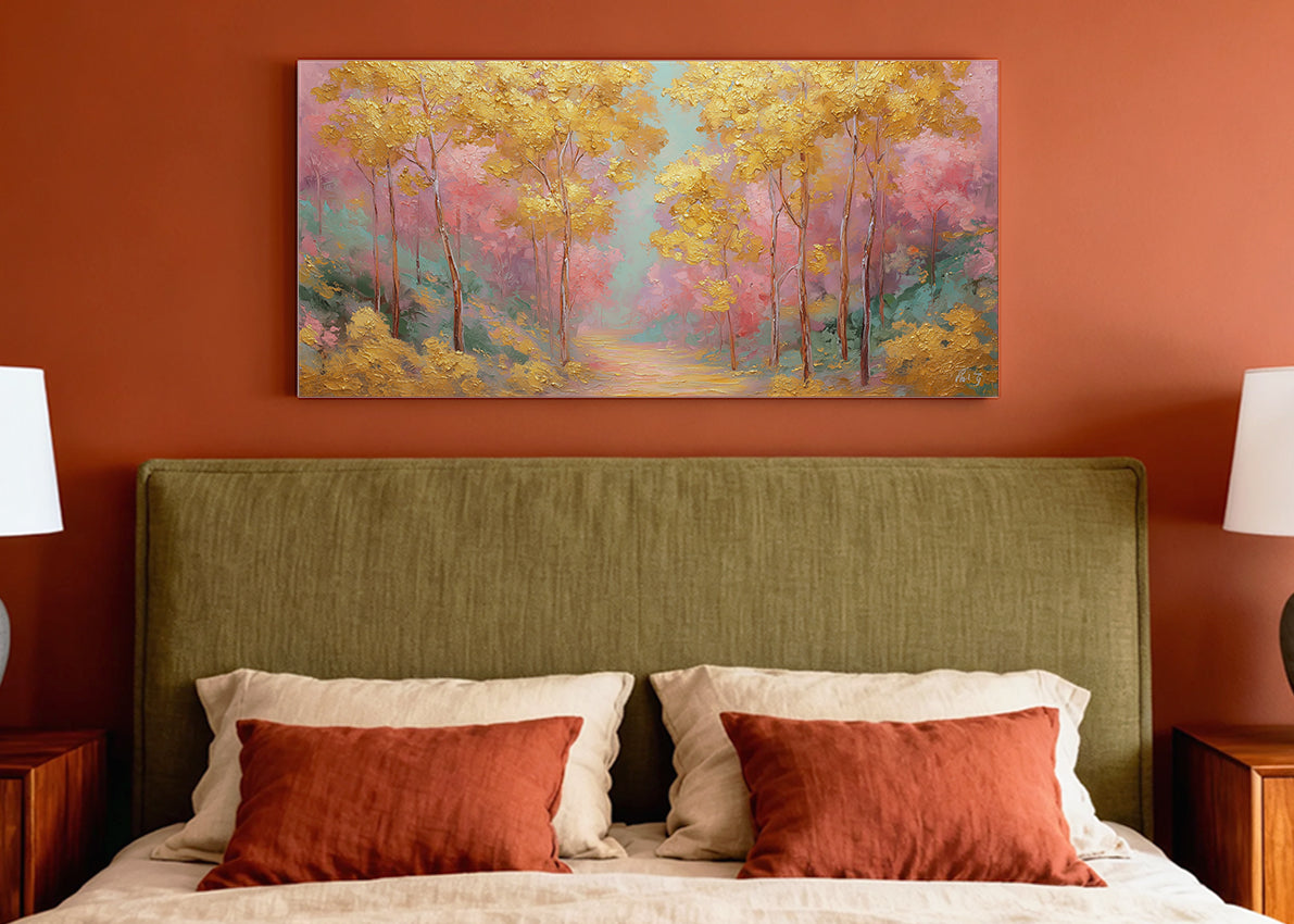 Golden Autumn Path Canvas Wall Art – Colorful Forest Landscape Painting – Single & 3 Panel Canvas – AI PRINT LAB
