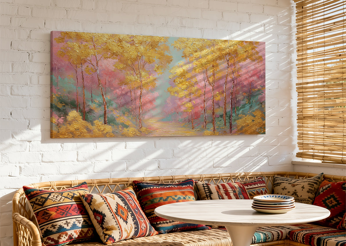 Golden Autumn Path Canvas Wall Art – Colorful Forest Landscape Painting – Single & 3 Panel Canvas – AI PRINT LAB