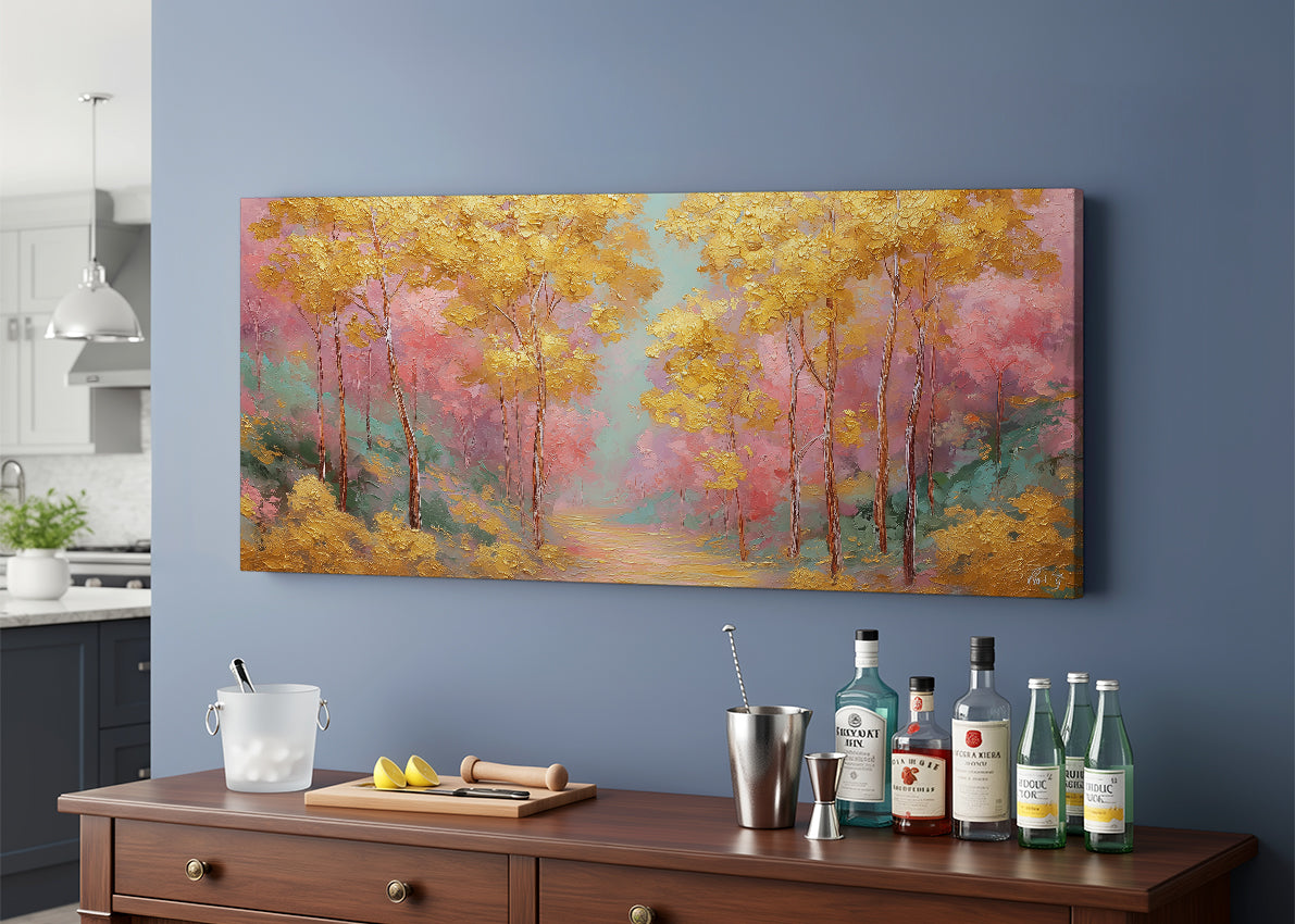Golden Autumn Path Canvas Wall Art – Colorful Forest Landscape Painting – Single & 3 Panel Canvas – AI PRINT LAB