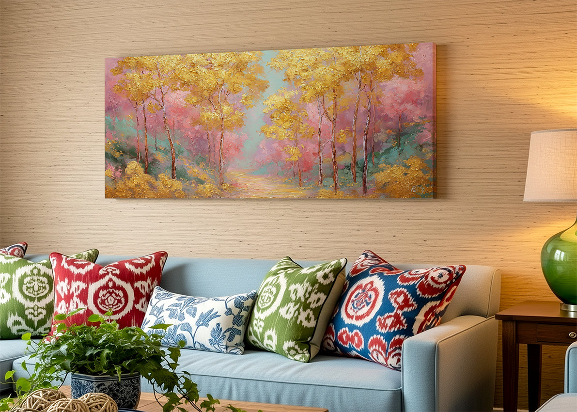 Golden Autumn Path Canvas Wall Art – Colorful Forest Landscape Painting – Single & 3 Panel Canvas – AI PRINT LAB