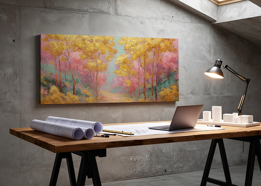 Golden Autumn Path Canvas Wall Art – Colorful Forest Landscape Painting – Single & 3 Panel Canvas – AI PRINT LAB