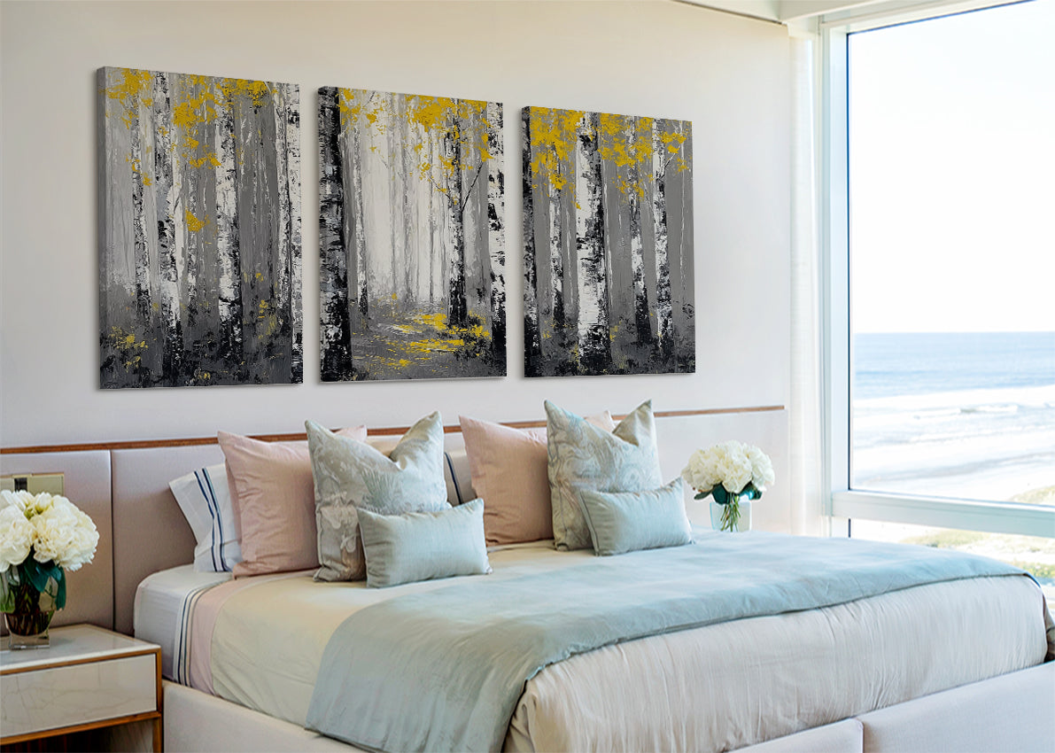Golden Birch Forest Canvas Wall Art – Modern Black & White Woodland Landscape – Single & 3 Panel Canvas – AI PRINT LAB