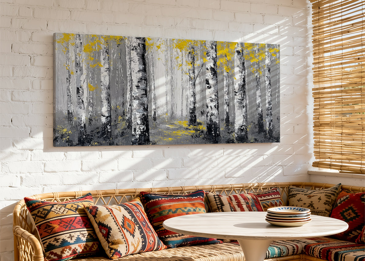 Golden Birch Forest Canvas Wall Art – Modern Black & White Woodland Landscape – Single & 3 Panel Canvas – AI PRINT LAB