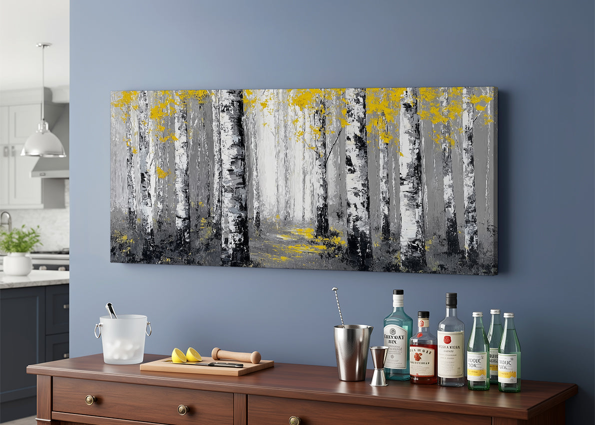 Golden Birch Forest Canvas Wall Art – Modern Black & White Woodland Landscape – Single & 3 Panel Canvas – AI PRINT LAB
