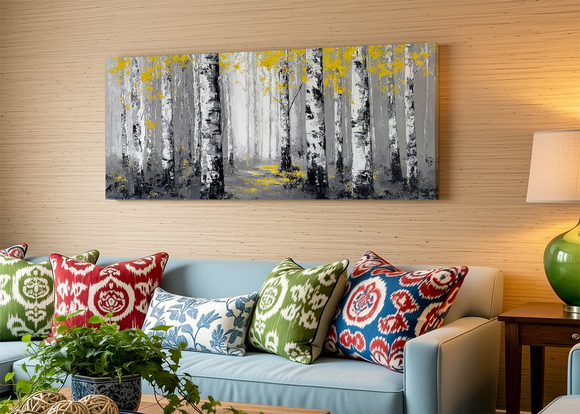 Golden Birch Forest Canvas Wall Art – Modern Black & White Woodland Landscape – Single & 3 Panel Canvas – AI PRINT LAB