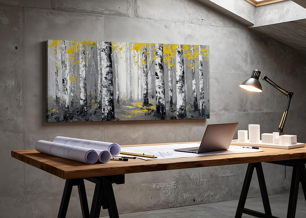 Golden Birch Forest Canvas Wall Art – Modern Black & White Woodland Landscape – Single & 3 Panel Canvas – AI PRINT LAB