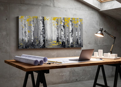Golden Birch Forest Canvas Wall Art – Modern Black & White Woodland Landscape – Single & 3 Panel Canvas – AI PRINT LAB