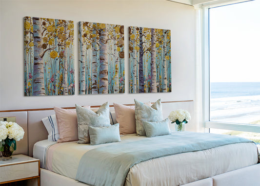 Golden Birch Forest Canvas Wall Art – Modern Tree Landscape Painting – Single & 3 Panel Canvas – AI PRINT LAB