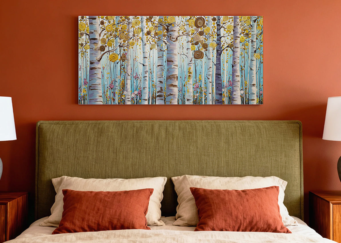 Golden Birch Forest Canvas Wall Art – Modern Tree Landscape Painting – Single & 3 Panel Canvas – AI PRINT LAB