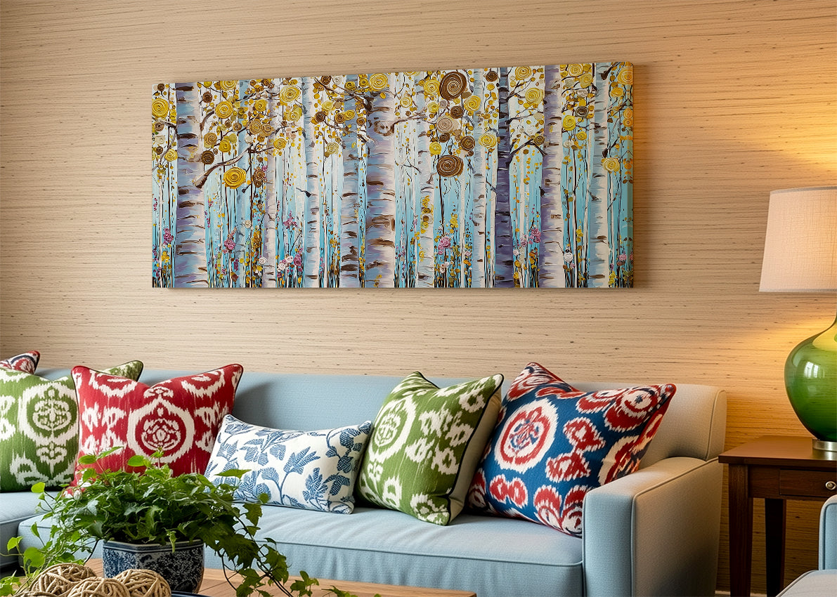 Golden Birch Forest Canvas Wall Art – Modern Tree Landscape Painting – Single & 3 Panel Canvas – AI PRINT LAB