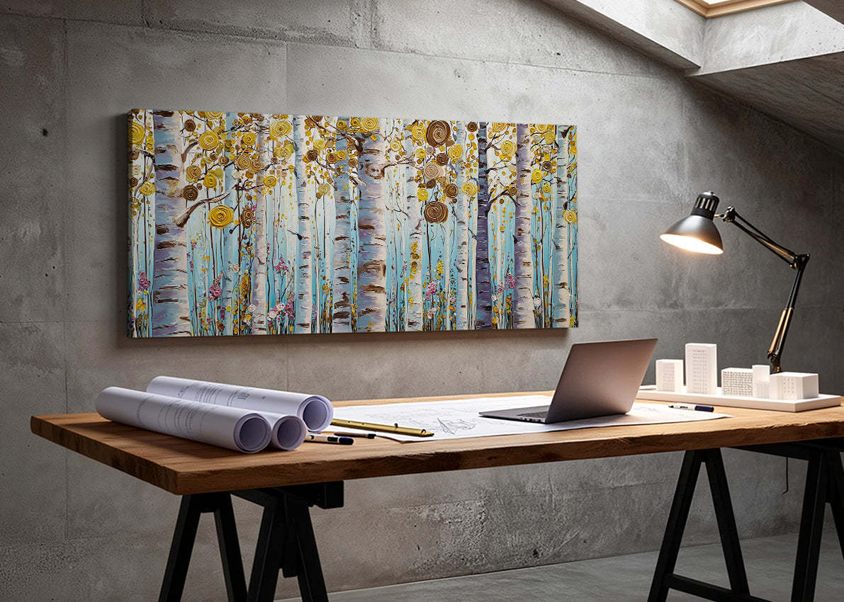 Golden Birch Forest Canvas Wall Art – Modern Tree Landscape Painting – Single & 3 Panel Canvas – AI PRINT LAB
