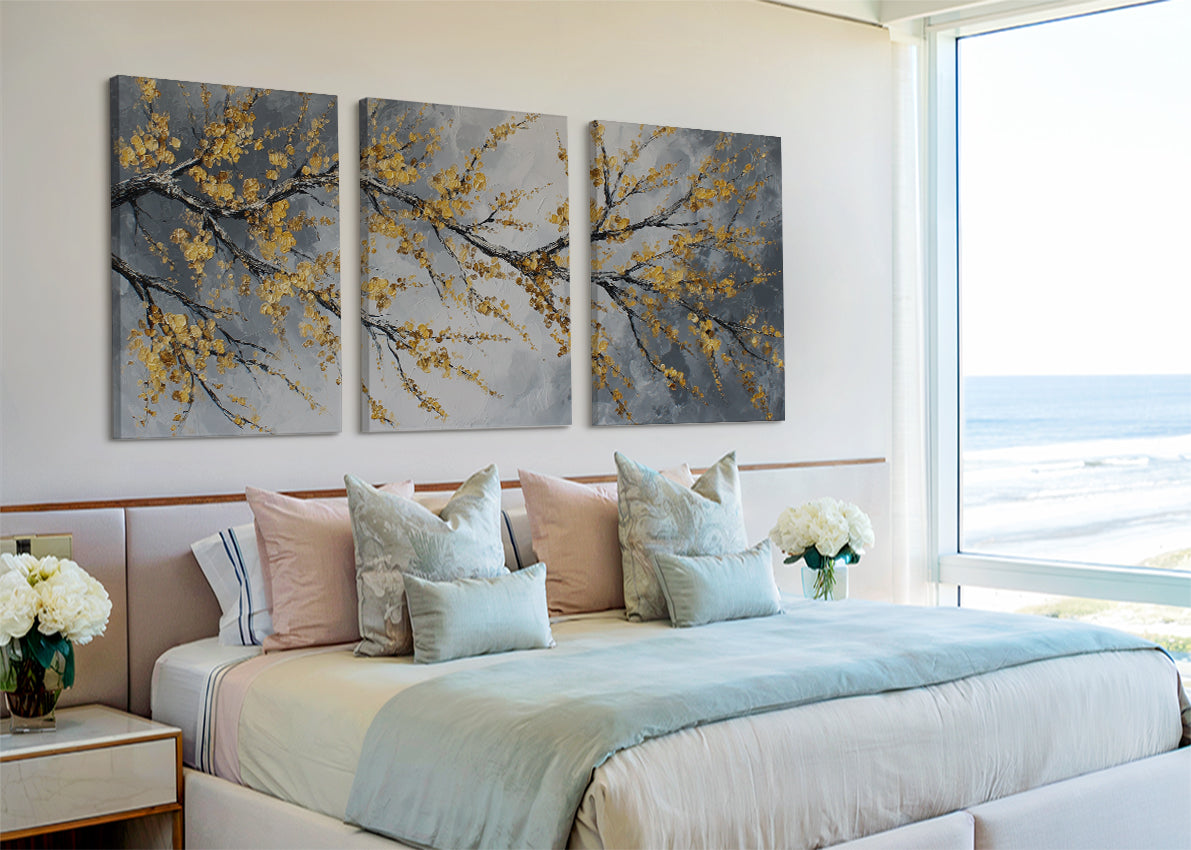 Golden Blossom Branch Canvas Wall Art – Elegant Botanical Tree Painting – Single & 3 Panel Canvas – AI PRINT LAB