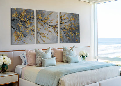 Golden Blossom Branch Canvas Wall Art – Elegant Botanical Tree Painting – Single & 3 Panel Canvas – AI PRINT LAB