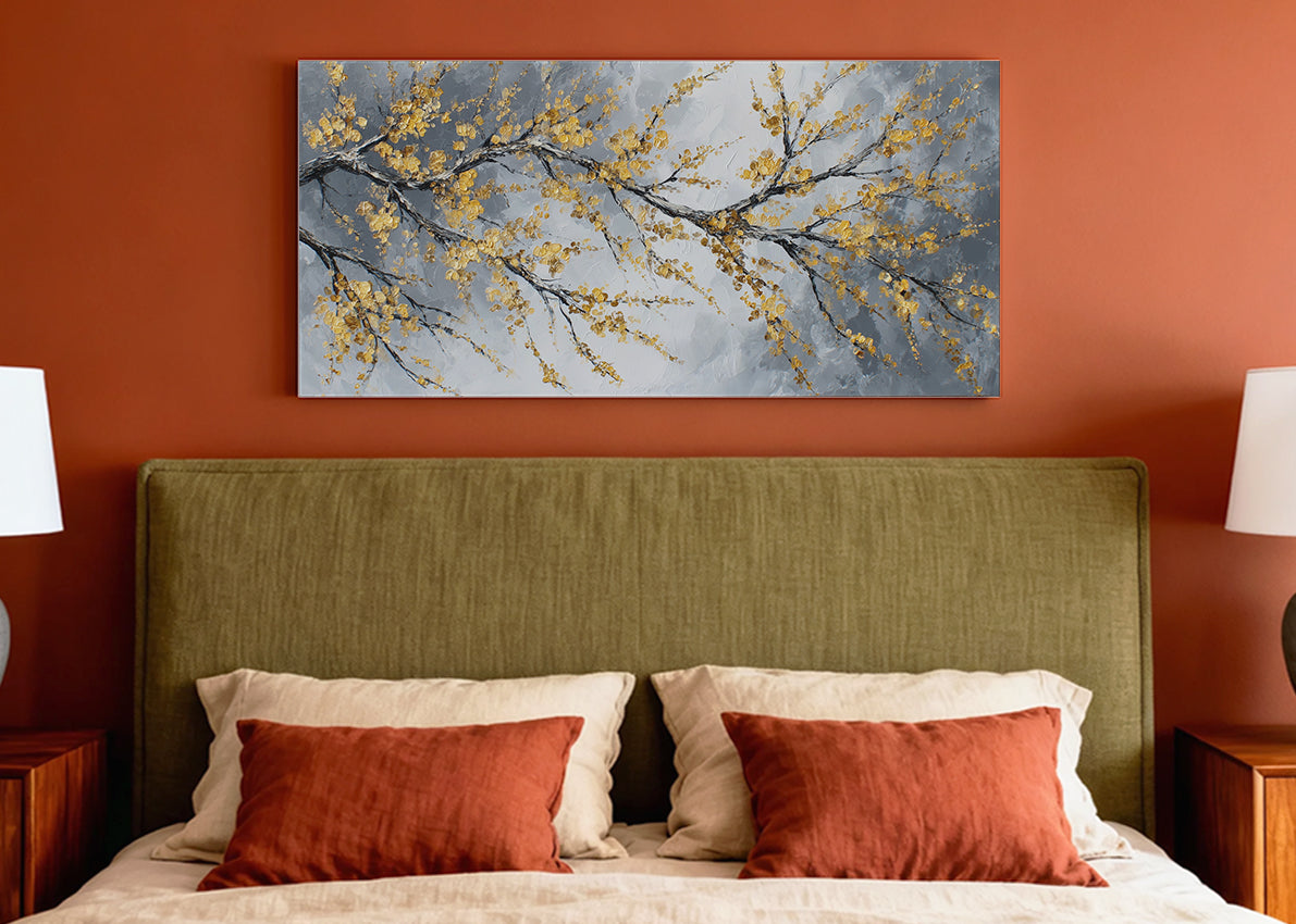 Golden Blossom Branch Canvas Wall Art – Elegant Botanical Tree Painting – Single & 3 Panel Canvas – AI PRINT LAB