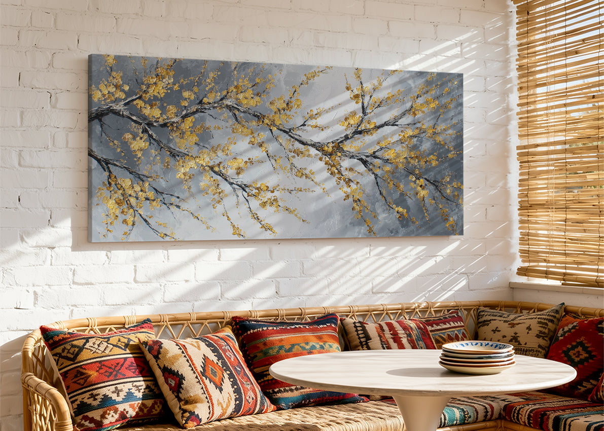 Golden Blossom Branch Canvas Wall Art – Elegant Botanical Tree Painting – Single & 3 Panel Canvas – AI PRINT LAB