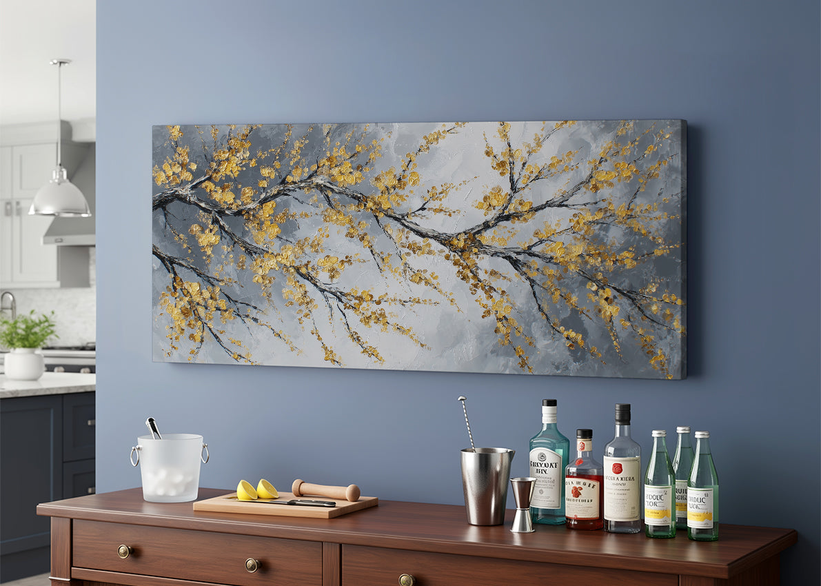 Golden Blossom Branch Canvas Wall Art – Elegant Botanical Tree Painting – Single & 3 Panel Canvas – AI PRINT LAB