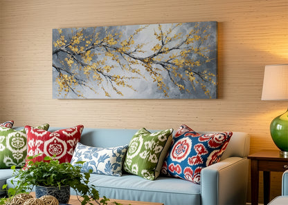 Golden Blossom Branch Canvas Wall Art – Elegant Botanical Tree Painting – Single & 3 Panel Canvas – AI PRINT LAB