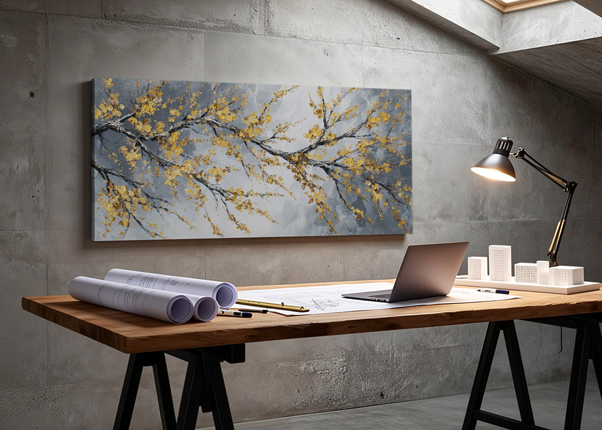 Golden Blossom Branch Canvas Wall Art – Elegant Botanical Tree Painting – Single & 3 Panel Canvas – AI PRINT LAB