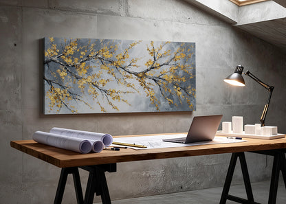 Golden Blossom Branch Canvas Wall Art – Elegant Botanical Tree Painting – Single & 3 Panel Canvas – AI PRINT LAB