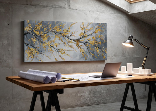 Golden Blossom Branch Canvas Wall Art – Elegant Botanical Tree Painting – Single & 3 Panel Canvas – AI PRINT LAB