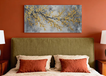 Golden Blossom Branch Canvas Wall Art – Elegant Grey Botanical Tree Painting – Single & 3 Panel Canvas – AI PRINT LAB