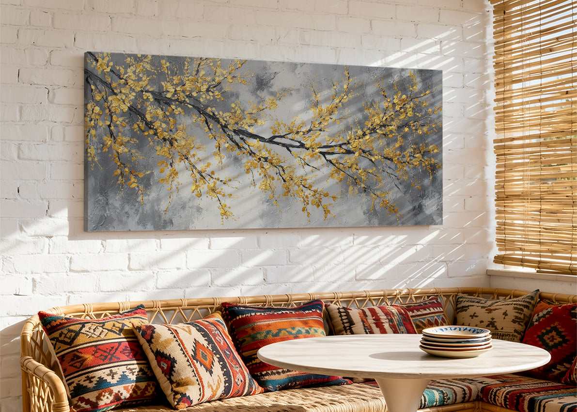 Golden Blossom Branch Canvas Wall Art – Elegant Grey Botanical Tree Painting – Single & 3 Panel Canvas – AI PRINT LAB